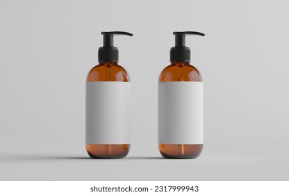 Amber Glass Pump Bottle Mock-Up - Liquid Soap, Shampoo Dispenser - Two Bottles. Blank Label. 3D Illustration