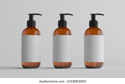Amber Glass Pump Bottle Mock-Up - Liquid Soap, Shampoo Dispenser - Three Bottles. Blank Label. 3D Illustration