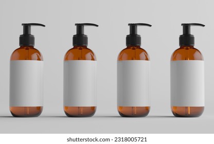 Amber Glass Pump Bottle Mock-Up - Liquid Soap, Shampoo Dispenser - Multiple Bottles. Blank Label