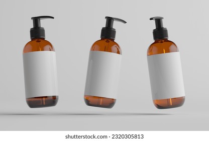 Amber Glass Pump Bottle Mock-Up - Liquid Soap, Shampoo Dispenser - Three Bottles. Blank Label. 3D Illustration