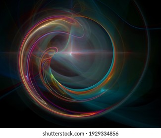 Ambient flow in artistic digital composition. Spiral lens flare and glare around spotlight in deep far darkness.