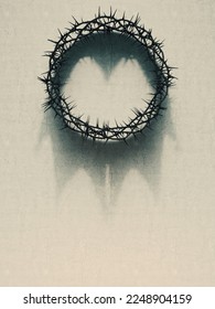 An ambiguity concept of branches of thorns woven into a crucifixion crown and casting a shadow of a real kings crown on isolated white background - 3D render