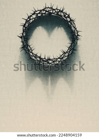 An ambiguity concept of branches of thorns woven into a crucifixion crown and casting a shadow of a real kings crown on isolated white background - 3D render 商業照片 © 