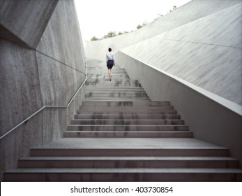 Ambitions concept with a businesswoman climbing up abstract stairs .Photo realistic 3d rendering.