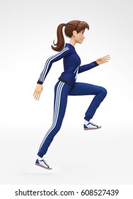 Ambitious, Athletic And Confident Jenny - 3D Cartoon Female Character Sports Model - In Ambitious Pursuit Climbs Up As Fast Running Athlete, In Athletic Gym Sweat Suit, Isolated On White Background