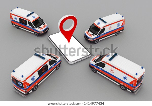 ambulance band with smartphone and pin marker.\
3d rendering