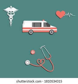 Ambulance, Caduceus, Heart With A Line Of Cardiogram, Stethoscope - Isolated On A Green Background  Medical Concept.