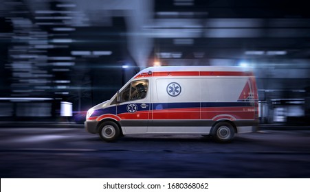 Ambulance Car, 911 Emergency Medical Service In The Night City Street, Blurred Motion Shot. Coronavirus Worldwide Outbrake Crisis, Chinese Covid-19 Ncov Corona Virus Pandemic 3D Illustration Design