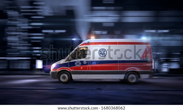 Ambulance car, 911 emergency medical service in\
the night city street, blurred motion shot. Coronavirus worldwide\
outbrake crisis, chinese covid-19 ncov corona virus pandemic 3D\
illustration\
design