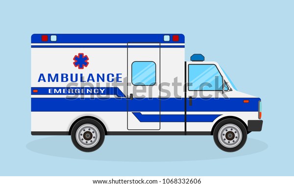 Ambulance car. Emergency\
medical service vehicle. Hospital transport. Medicine\
transportation\
van.