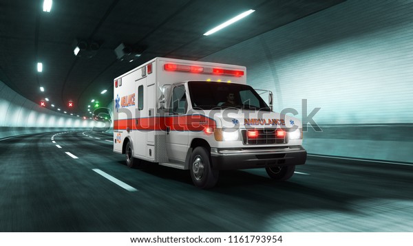 Ambulance car rides through tunnel with Gray\
Cyan light style 3d\
rendering