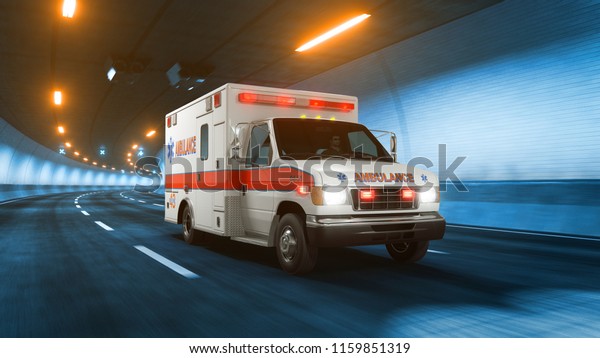 Ambulance car rides trough tunnel warm yellow\
light 3d\
rendering