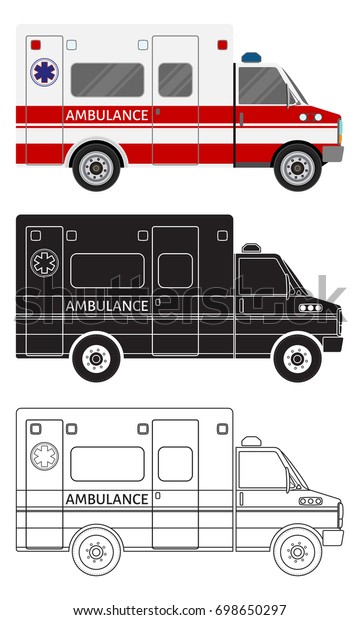 Ambulance car in three different styles
color, black silhouette, contour. Emergency medical service
vehicle. Hospital transport. Flat style
illustration.