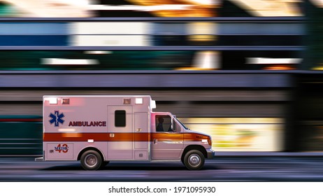 Ambulance Driving Through A City. Ambulance Drives Down The Street With Lights Flashing At Night. Ambulance Rides Along Street. 3d Illustration