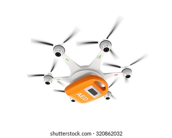 Ambulance Drone Delivers AED Kit Isolated On White Background.