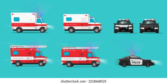 Ambulance Emergency Car 3d, Side Firefighter Truck And Front Police Fbi Rescue Vehicle Van Clipart Graphic Illustration Cut Out, Safety Automobiles Clip Art Set