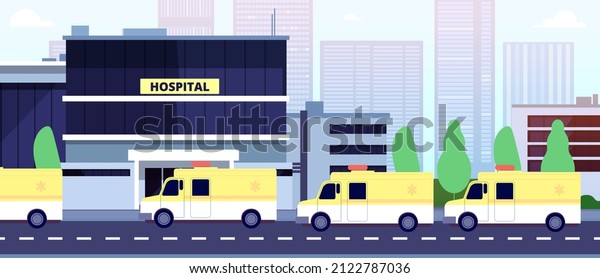 Ambulance queue at hospital\
building. Paramedics or reanimation, healthcare in pandemic time\
illustration