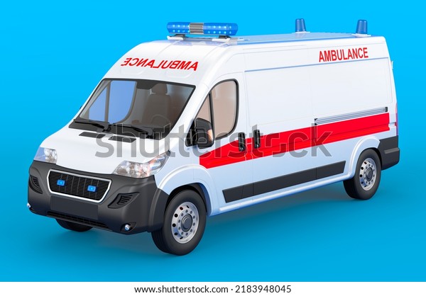 Ambulance van on blue\
backdrop, 3D\
rendering