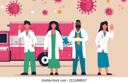 Ambulance Van Patient Health Alert. Coronavirus Crisis Doctor Emergency Rescue Aid. Hospital Help Protection Pandemic. Illustration Healthcare Covid Mobile Vehicle Service Car Clinic