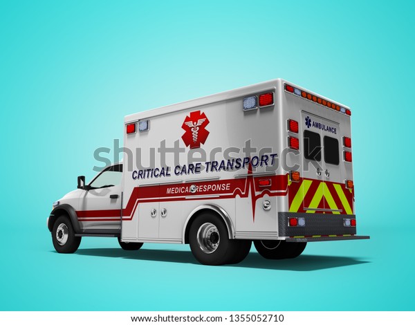 Ambulance white car rear view 3d render on blue\
background with\
shadow