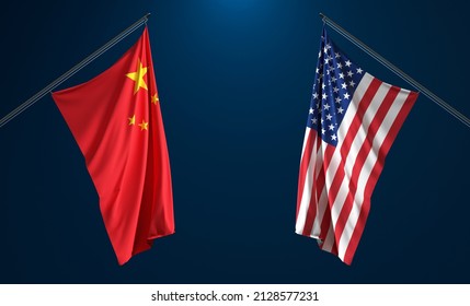 America Flag And China Flag On A Dark Background. 3d Illustration