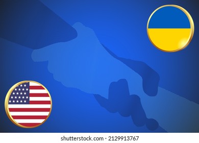 America Is Helping Ukraine In The Ukraine-Russia War. Ukraine And USA Flags And Hands Holding Each Other On Blue Background. Solidarity Concept Design.