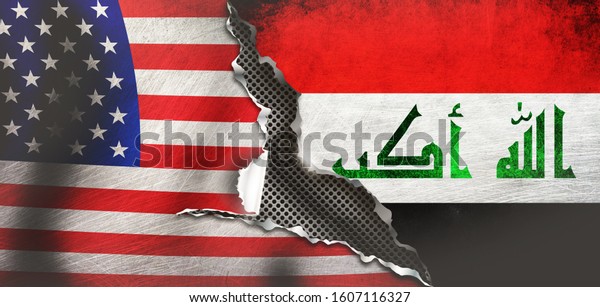 America and Iraq flag,\
covering on cracked\
wall. 3d\
illustration