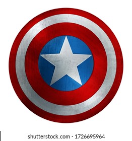 Американский патриотический металлический круглый щит со звездой и синими, красными и белыми кругами. 3D-иллюстрация с обтравочным контуром.  
