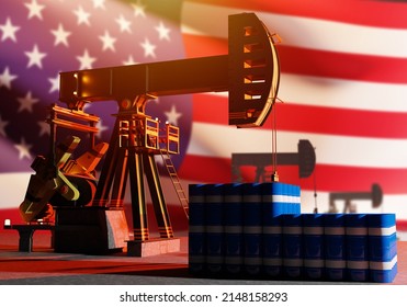 America Petroleum Industry. Flag USA And Pumps For Oil Production. Concept Hydrocarbon Market In USA. Extraction Brent Grade Crude Oil. Export American Oil Other Countries. Shale Petroleum. 3d Image