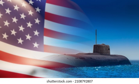 American Armed Forces. US Submarine. Defensive And Offensive Weapons. The American Navy. Nuclear Submarine. The Army Of The United States Of America. An Underwater Vessel And A Flag. 3d Image