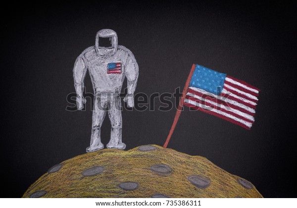 American Astronaut with American Flag on the\
Moon.\
Drawn by\
pencils.
