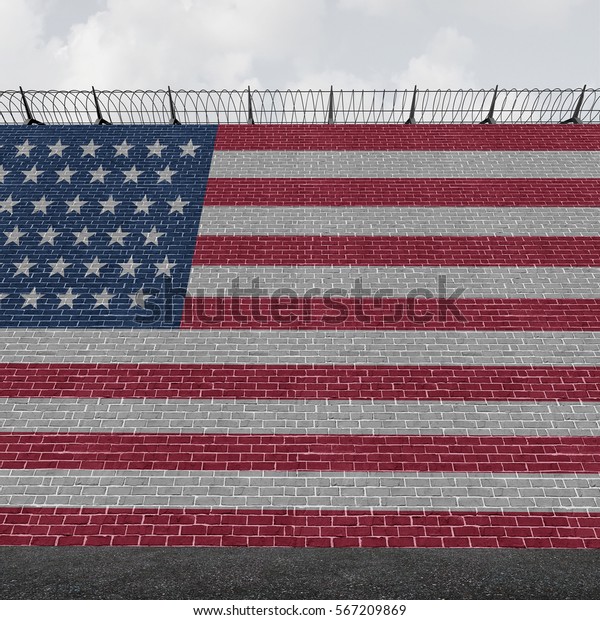 American border wall concept as a security\
barricade with a flag of the United States as a customs and country\
boundary with barbed wire as a symbol for illegal immigration as a\
3D\
illustration.