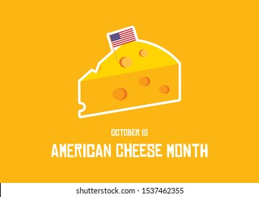 American Cheese Month Illustration. Cheese Vector Icon On A Yellow Background. Piece Of Cheese With American Flag Illustration. October Is American Cheese Month