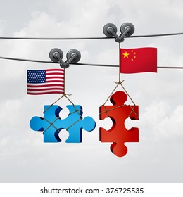 American And Chinese Cooperation Success As Two Pieces Of A Jigsaw Puzzle Fron The United States And China Coming Together To Unite As A Global Teamwork Metaphor For International Agreement.