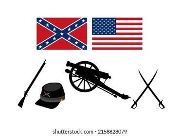 American Civil War Icon Set. Civil War USA Attributes Illustration. Symbols Of The American Civil War Icons Isolated On A White Background