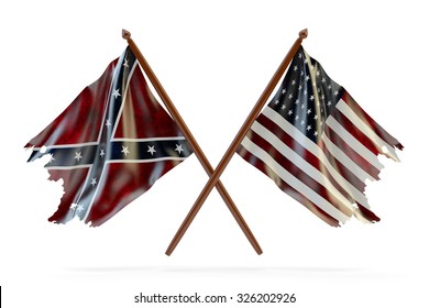 American Civil War And Merorial Day Concept, Usa And Confederate Tattered Flags Isolated On White Background