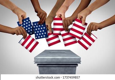 American community vote and US voting diversity concept and diverse hands casting United States ballots at a polling station as a USA democratic right in a democracy with 3D illustration elements.