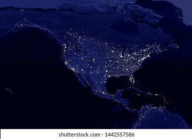 American Continent Electric Lights Map At Night. City Lights. Map Of North And Central America. View From Outer Space. Mixed Media