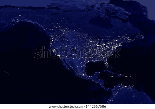 夜のアメリカ大陸の電灯の地図 街灯 北米と中米の地図 外部空間から表示混合メディア のイラスト素材
