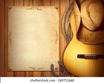 American Country music poster for text.Wood background with guitar and cowboy hat