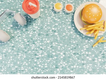 American Diner Table With Delicious Burger, Coke And Headphones 3D Illustration Background. Different Recreation Scenarios Flat Lay View Cartoon Interior Backgrounds Collection.