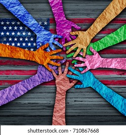 American Diversity Holding As Diverse Hands Made Of Crumpled Paper Connected Together As A Concept For Citizen Solidarity And Patriotic Friendship In The United States,