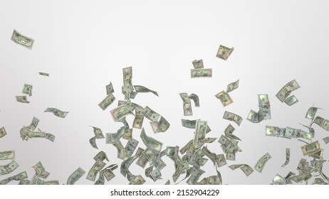 American Dollars USD Splash Flying Up In The Air. Exploding Pile Of Money Spreading In The Air. Making Money, Growing Economy And Business Concept. 4K 3D Illustration