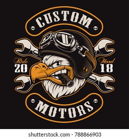 American eagle with cigar. Illustration of motorcycle rider with helmet. Shirt graphics. COLOR VERSION. (RASTER VERSION)