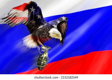 An American Eagle Flies With A Grenade Against The Background Of The Russian Flag. Stop The War Between Russia And Ukraine. Solidarity With Ukraine. 3D Image