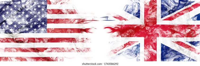 American and english flags in smoke on white background. Conflict and customs duty. America VS United Kingdom. Dollar GB Pound exchange currency and international commercial tension and crisis.