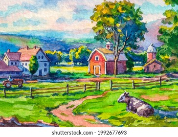 American Farm. Country House. Red Farm Barn. Cows Graze In The Meadow. Farm Animals. Autumn Landscape. Watercolor Painting. Acrylic Drawing Art. A Piece Of Art. 