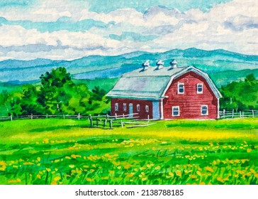 American Farm. Green Fields And Red Barn. Agriculture Tourism. Summer Day. Landscape For Greeting Card. Watercolor Painting. Acrylic Drawing Art. A Piece Of Art