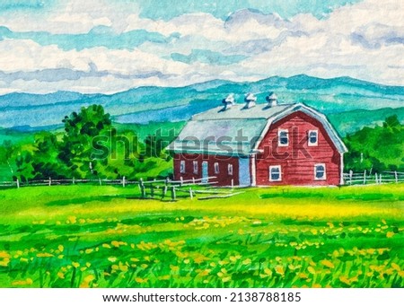 American Farm. Green fields and red barn. Agriculture tourism. Summer day. Landscape for greeting card. Watercolor painting. Acrylic drawing art. A piece of art