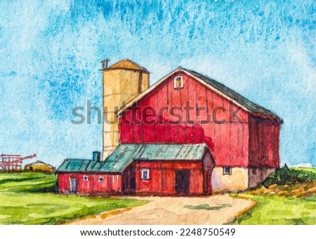 American Farm. Green fields and red barn. Agriculture tourism. Summer day. Landscape for greeting card. Watercolor painting. Acrylic drawing art. A piece of art
